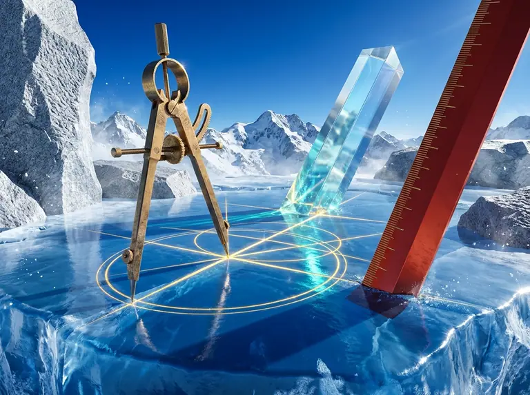 Ein riesiger Messingzirkel und ein Lineal ziehen leuchtende geometrische Kreise und Schnittpunkte in eine spiegelglatte Gletschereisfläche.