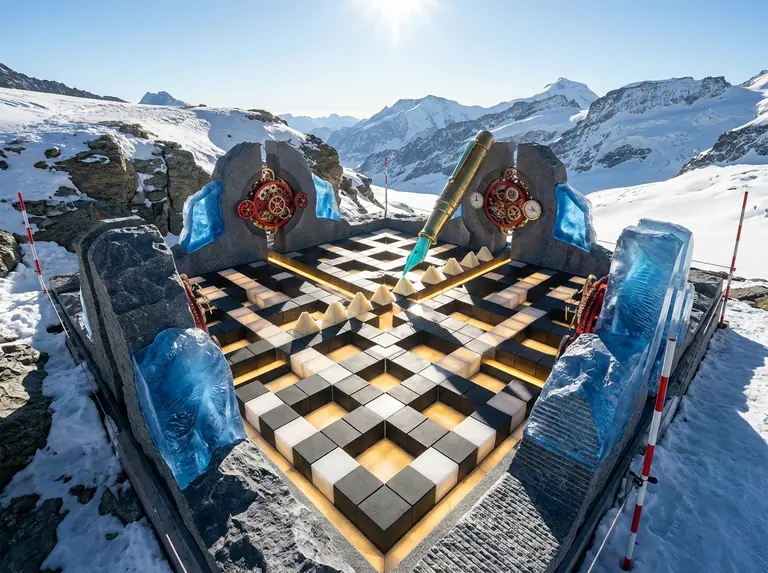 Ein symmetrischer Hof aus schwarzen Basaltblöcken und leuchtend weissen Alabasterfeldern in Form eines Kreuzwort-Gitters auf einer Bergterrasse.
