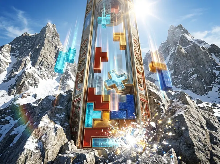 Ein vertikaler Schacht aus Messing und Glas zwischen zwei Berggipfeln, in dem leuchtende geometrische Viererblöcke fallen und horizontale Reihen auflösen.